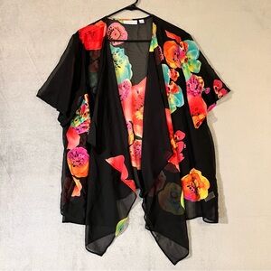 Sheer Kimono Top Open Front Bold Floral Susan Graver Womens plus 2X